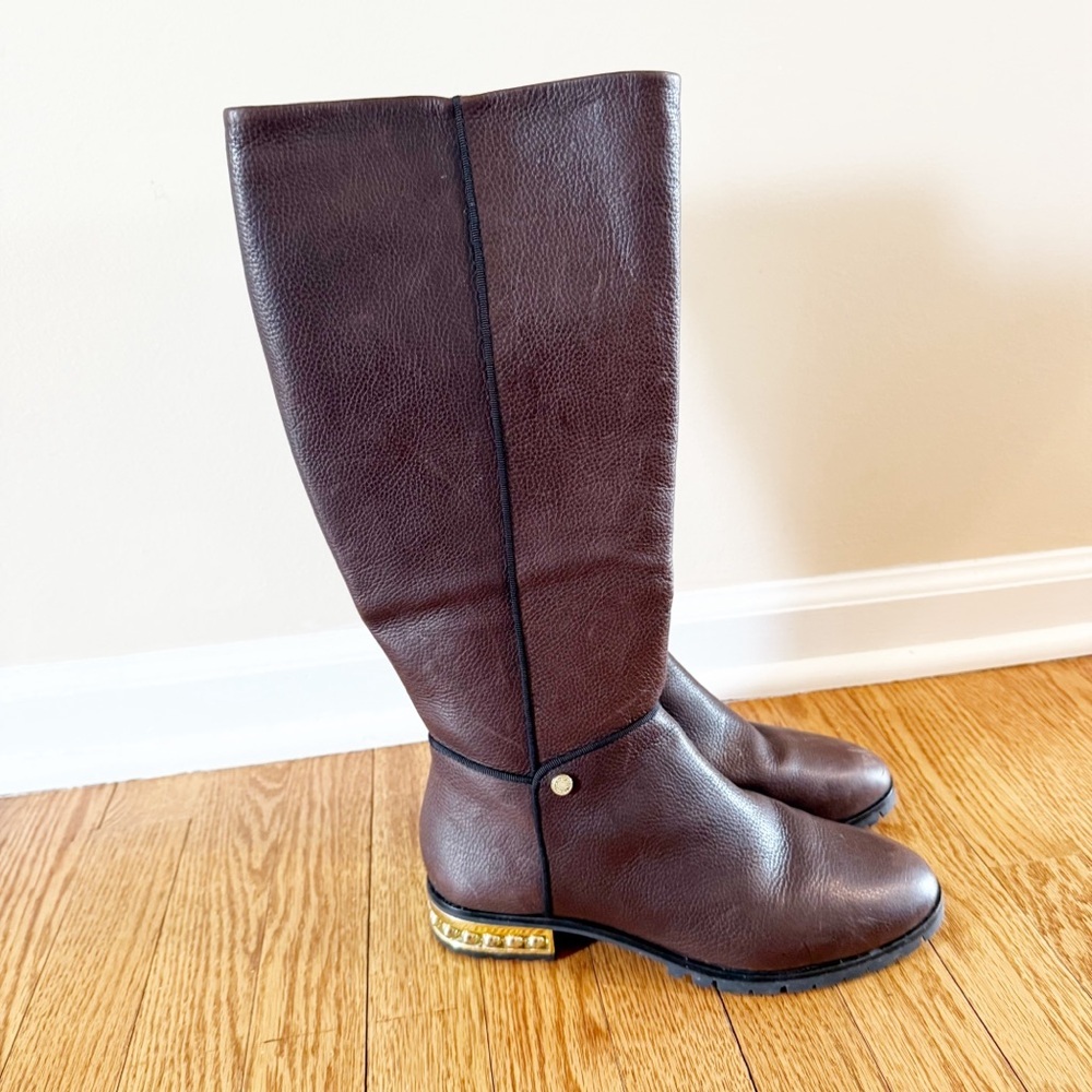 KARL LAGERFELD Seine Metal Pearl Embellished Knee-High Leather Boots Brown 8 - Picture 3 of 14